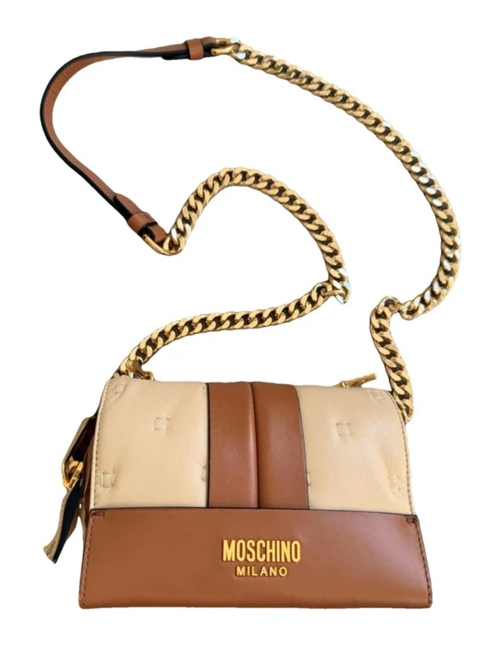 Moschino Two-Tone Leather Shoulder Bag in Cream & Brown